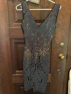 Symphony Black Sleeveless V-Neck Embellished Midi Dress